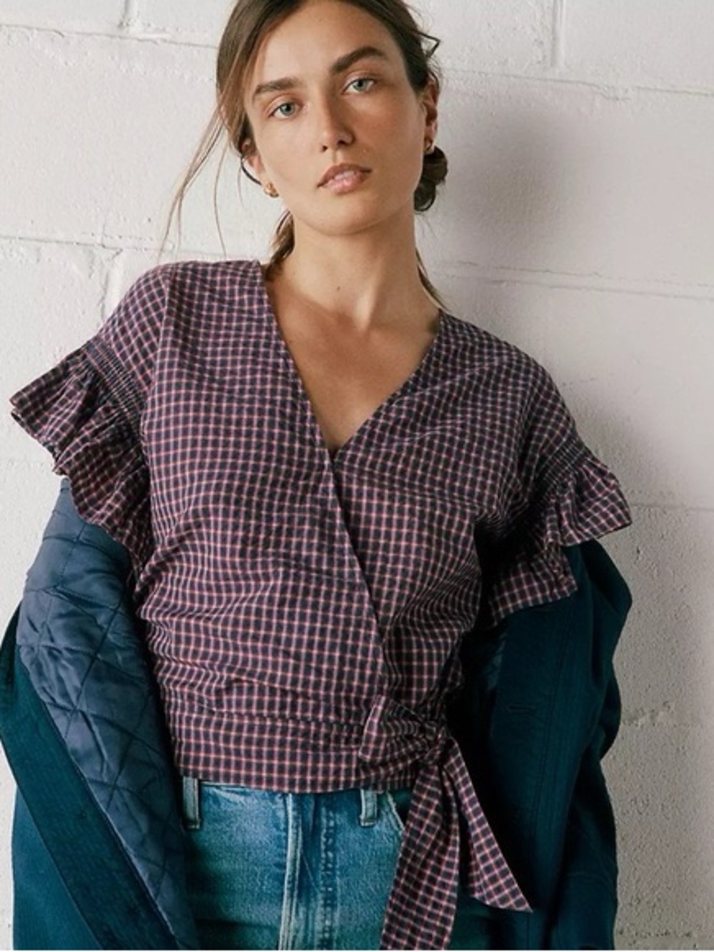 Flutter-Sleeve Side-Tie Wrap Top in Plaid